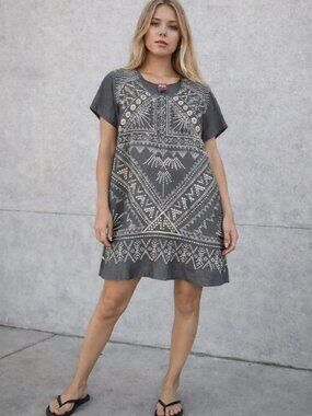 NWOT: Johnny Was Charcoal Gray Embroidered Linen Mini Dress Size Large